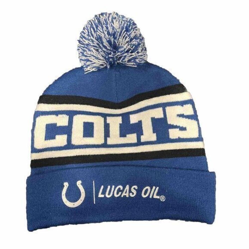 Indianapolis Colts Lucas Oil Pom Pom Beanie Cap Blue White Unisex Stretch NFL